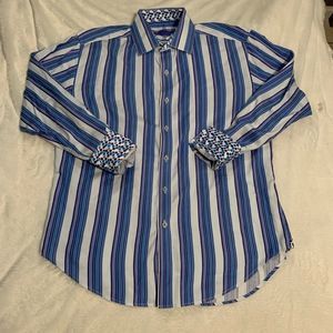 Robert Graham Flip Cuff Blue Purple Striped Mens Button Down Shirt Large